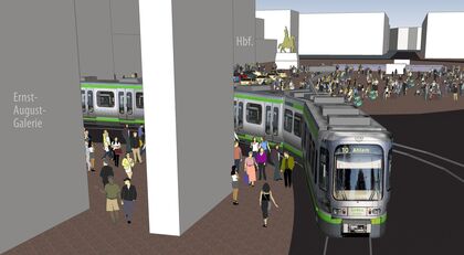 Visualisierung: Ecke an der Ernst-August-Galerie mit engen Gleisradien und nah vorbeifahrenden Bahnen